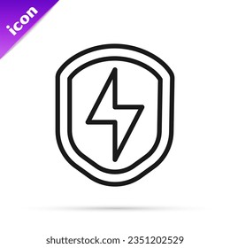 Línea negra Protector seguro con icono de relámpago aislado en fondo blanco. Seguridad, seguridad, protección, concepto de privacidad.  Vector
