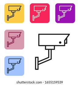 Black line Security camera icon isolated on white background. Set icons in color square buttons. Vector Illustration