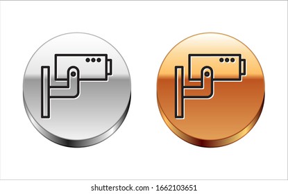 Black line Security camera icon isolated on white background. Silver-gold circle button. Vector Illustration