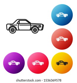 Black line Sedan car icon isolated on white background. Set icons colorful circle buttons. Vector Illustration