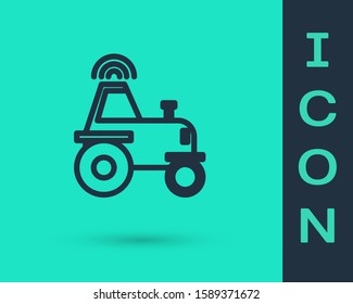 Black line Self driving wireless tractor on a smart farm icon isolated on green background. Smart agriculture implement element.  Vector Illustration