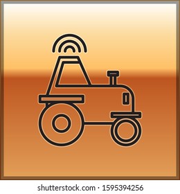 Black line Self driving wireless tractor on a smart farm icon isolated on gold background. Smart agriculture implement element.  Vector Illustration