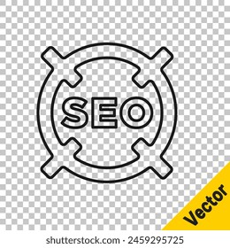 Icono de optimización SEO de línea negra aislado sobre fondo transparente.  Vector
