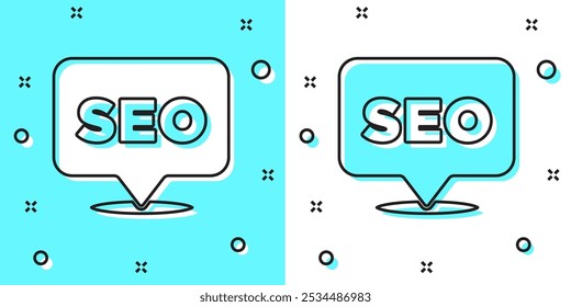 Ícone de otimização de SEO de linha preta isolado no plano de fundo verde e branco. Formas dinâmicas aleatórias. Vetor