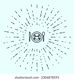 Black line Served crab on a plate icon isolated on grey background. Abstract circle random dots. Vector