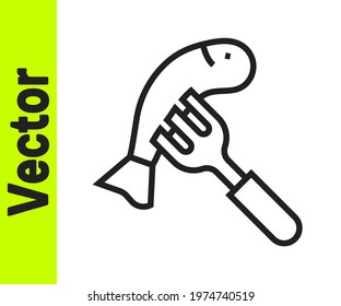 Black line Served fish on a plate icon isolated on white background.  Vector
