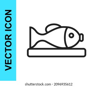 Black line Served fish on a plate icon isolated on white background.  Vector