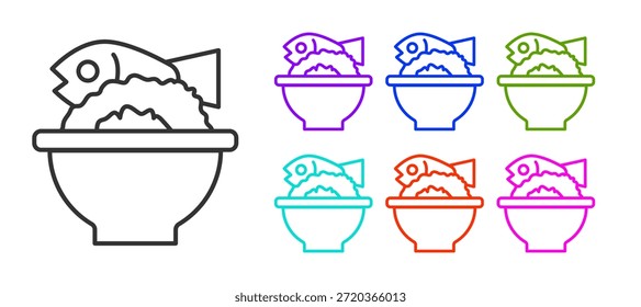 Black line Served fish on a bowl icon isolated on white background. Set icons colorful. Vector