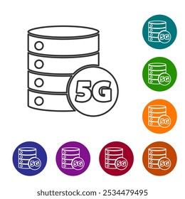 Linha preta Servidor 5G novo ícone de conexão Wi-Fi sem fio da Internet isolado no fundo branco. Tecnologia de taxa de dados de conexão de alta velocidade de rede global. Defina ícones em botões de círculo de cor. Vetor