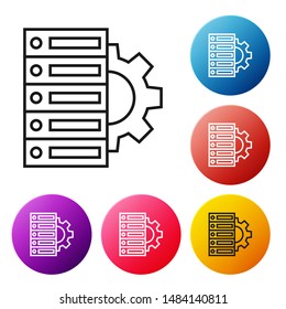 Black line Server and gear icon isolated on white background. Adjusting app, service concept, setting options, maintenance, repair, fixing. Set icons colorful circle buttons. Vector Illustration