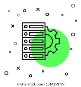 Black line Server and gear icon isolated on white background. Adjusting app, service concept, setting options, maintenance, repair, fixing.  Vector Illustration