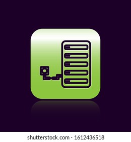 Black line Server icon isolated on black background. Adjusting app, service concept, setting options, maintenance, repair, fixing. Green square button. Vector Illustration