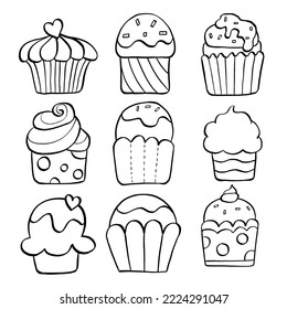 Black line set of nine cupcakes on white background. Hand drawn cartoon style. Doodle for coloring, decoration or any design. Vector illustration of kid art.