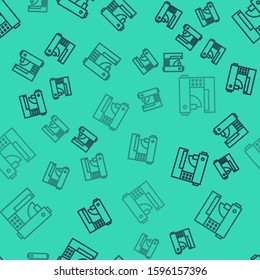 Black line Sewing machine icon isolated seamless pattern on green background.  Vector Illustration