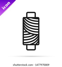 Black line Sewing thread on spool icon isolated on white background. Yarn spool. Thread bobbin.  Vector Illustration