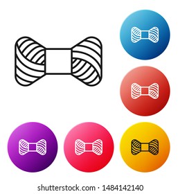 Black line Sewing thread on spool icon isolated on white background. Yarn spool. Thread bobbin. Set icons colorful circle buttons. Vector Illustration