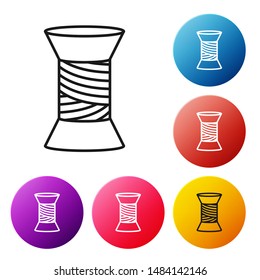 Black line Sewing thread on spool icon isolated on white background. Yarn spool. Thread bobbin. Set icons colorful circle buttons. Vector Illustration
