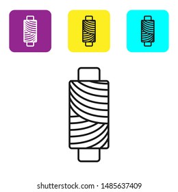 Black line Sewing thread on spool icon isolated on white background. Yarn spool. Thread bobbin. Set icons colorful square buttons. Vector Illustration