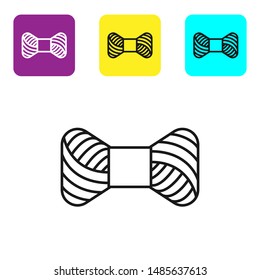 Black line Sewing thread on spool icon isolated on white background. Yarn spool. Thread bobbin. Set icons colorful square buttons. Vector Illustration