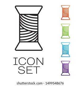 Black line Sewing thread on spool icon isolated on white background. Yarn spool. Thread bobbin. Set icons colorful. Vector Illustration