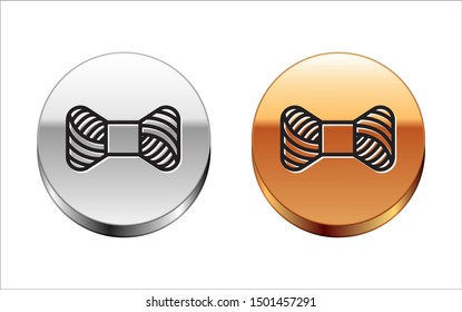 Black line Sewing thread on spool icon isolated on white background. Yarn spool. Thread bobbin. Silver-gold circle button. Vector Illustration