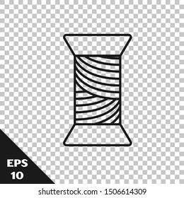 Black line Sewing thread on spool icon isolated on transparent background. Yarn spool. Thread bobbin.  Vector Illustration