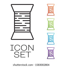 Black line Sewing thread on spool icon isolated on white background. Yarn spool. Thread bobbin. Set icons colorful. Vector Illustration