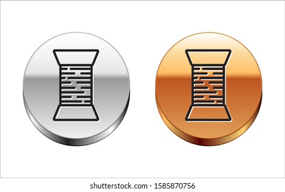 Black line Sewing thread on spool icon isolated on white background. Yarn spool. Thread bobbin. Silver-gold circle button. Vector Illustration