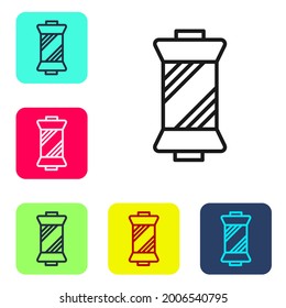 Black line Sewing thread on spool icon isolated on white background. Yarn spool. Thread bobbin. Set icons in color square buttons. Vector