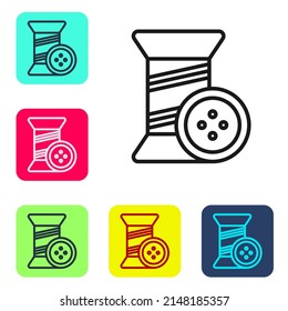 Schwarze Linie Nähgarne auf Spool und Button Symbol einzeln auf weißem Hintergrund. Garnelen. Thread-Papierkorb. Die Symbole werden in den Tasten für das Farbquadrat eingestellt. Vektorgrafik