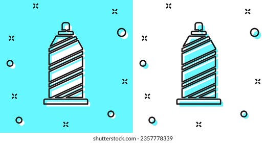 Black line Sewing thread on spool icon isolated on green and white background. Yarn spool. Thread bobbin. Random dynamic shapes. Vector Illustration