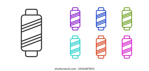 Black line Sewing thread on spool icon isolated on white background. Yarn spool. Thread bobbin. Set icons colorful. Vector Illustration