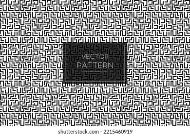 Black line shapes labyrinth maze game design seamless vector pattern in black and white background
