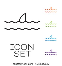 Black line Shark fin in ocean wave icon isolated on white background. Set icons colorful. Vector Illustration