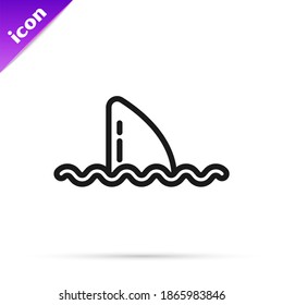 Black line Shark fin in ocean wave icon isolated on white background.  Vector