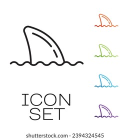 Black line Shark fin in ocean wave icon isolated on white background. Set icons colorful. Vector