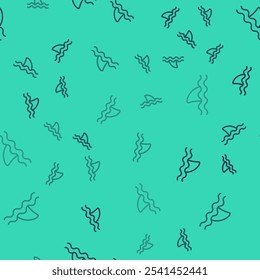 Black line Shark fin in ocean wave icon isolated seamless pattern on green background.  Vector