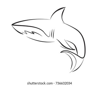 Black line shark on white background. Hand drawing vector graphic fish. Animal illustration.