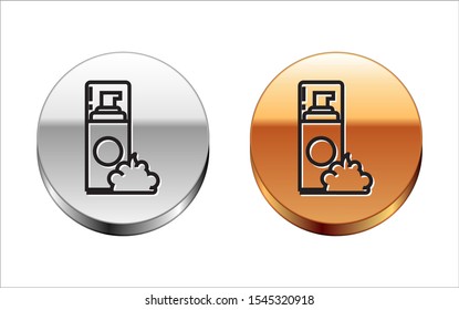 Black line Shaving gel foam icon isolated on white background. Shaving cream. Silver-gold circle button. Vector Illustration