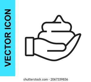 Black line Shaving gel foam on hand icon isolated on white background. Shaving cream.  Vector