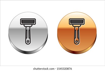 Black line Shaving razor icon isolated on white background. Silver-gold circle button. Vector Illustration