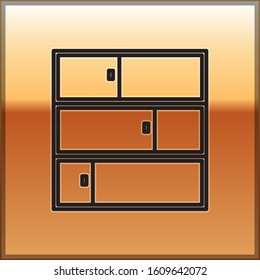 Black line Shelf icon isolated on gold background. Shelves sign.  Vector Illustration
