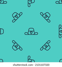 Black line Sheriff hat with badge icon isolated seamless pattern on green background.  Vector