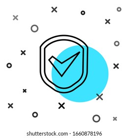 Black line Shield with check mark icon isolated on white background. Security, safety, protection, privacy concept. Tick mark approved. Random dynamic shapes. Vector Illustration