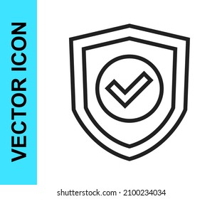 Escudo de línea negra con icono de marca de verificación aislado en fondo blanco. Símbolo de protección. Icono de comprobación de seguridad. Icono de marca aprobada.  Vector