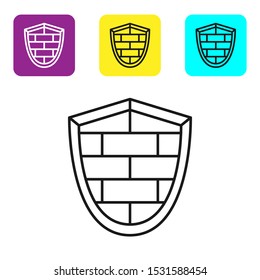 Black line Shield with cyber security brick wall icon isolated on white background. Data protection symbol. Firewall logo. Network protection. Set icons colorful square buttons. Vector Illustration