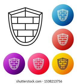 Black line Shield with cyber security brick wall icon isolated on white background. Data protection symbol. Firewall logo. Network protection. Set icons colorful circle buttons. Vector Illustration