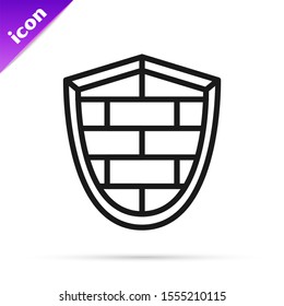 Black line Shield with cyber security brick wall icon isolated on white background. Data protection symbol. Firewall logo. Network protection.  Vector Illustration