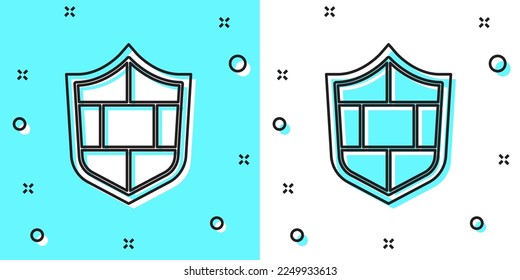 Black line Shield with cyber security brick wall icon isolated on green and white background. Data protection symbol. Firewall. Network protection. Random dynamic shapes. Vector