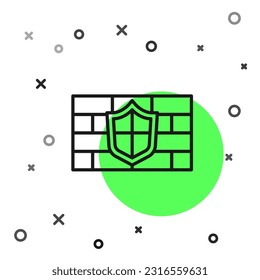 Black line Shield with cyber security brick wall icon isolated on white background. Data protection symbol. Firewall. Network protection.  Vector